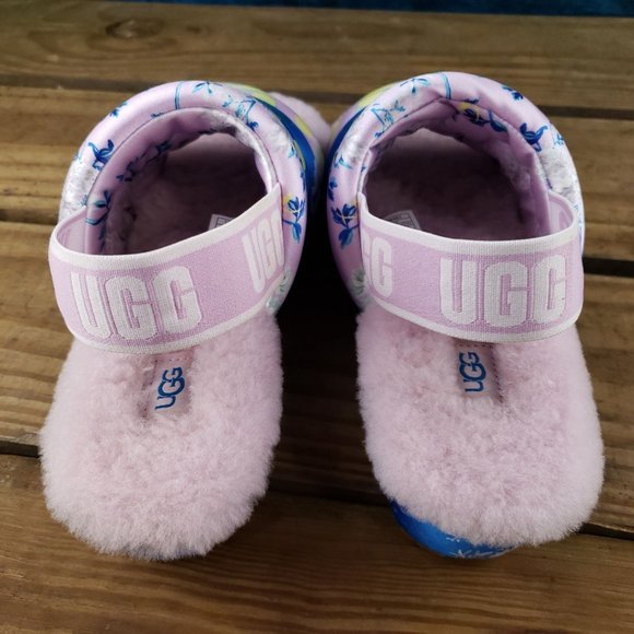 UGG Puff Yeah Floral Polka Dot Slide Sling Back Womens Size 8 Lamb Fur Silk Pink - Picture 8 of 10
